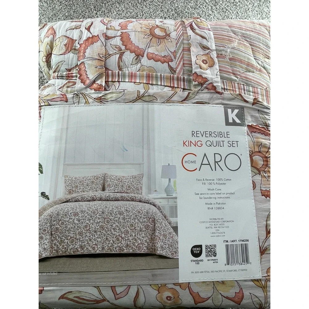 Caro Home Reversible King Quilt Set K Pink Floral NEW 3 Piece Cotton